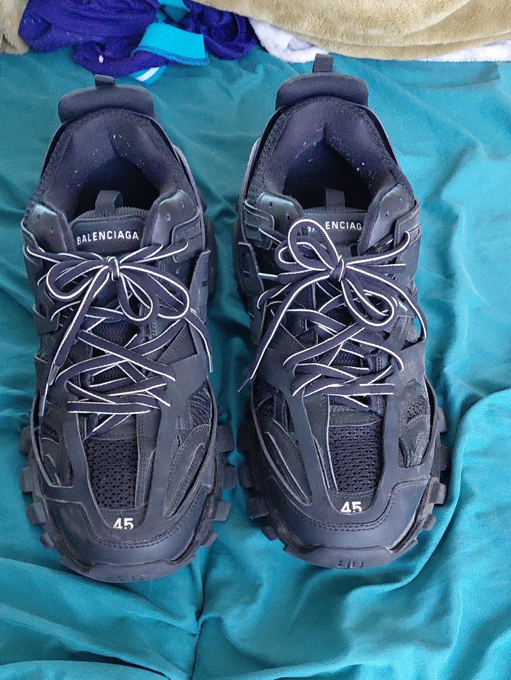 Balenciaga Men's Black Chunky Trail Sneakers with Reflective Laces